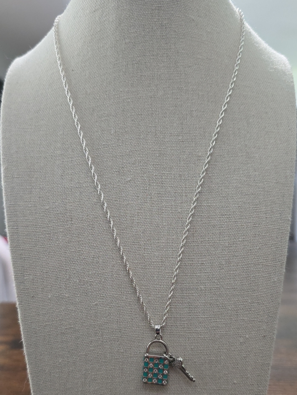 Silver Padlock & Key Pendant Necklace with Teal Accent
